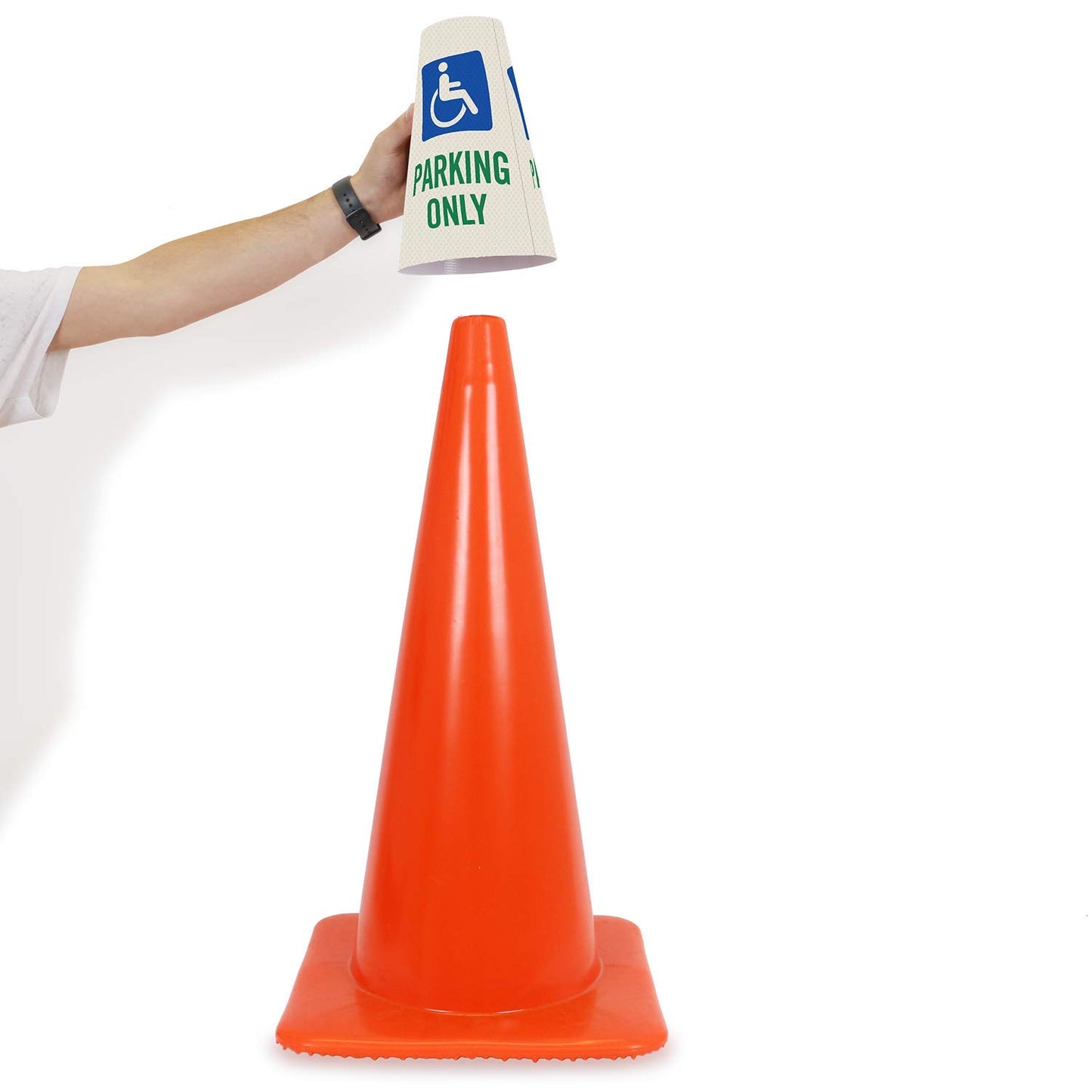 SmartSign 6-Pack "Handicapped Parking Only" Reflective Cone Message Sleeve Collar with Symbol, 360-Degree Visibility, Non-Adhesive Vinyl Signs for Traffic Safety Cones, 3-Side Print [Cone Not Included]
