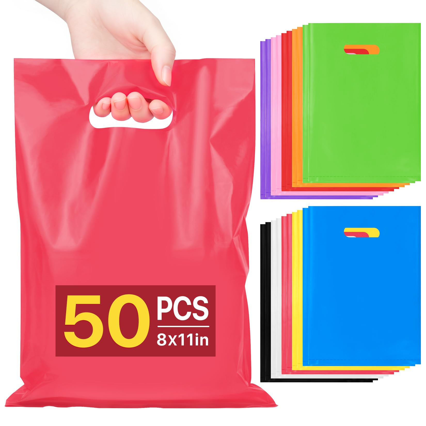 ANZNKU 50PCS Colorful Party Favor Gift Bags 8x11, Plastic Goodie Bags Bulk