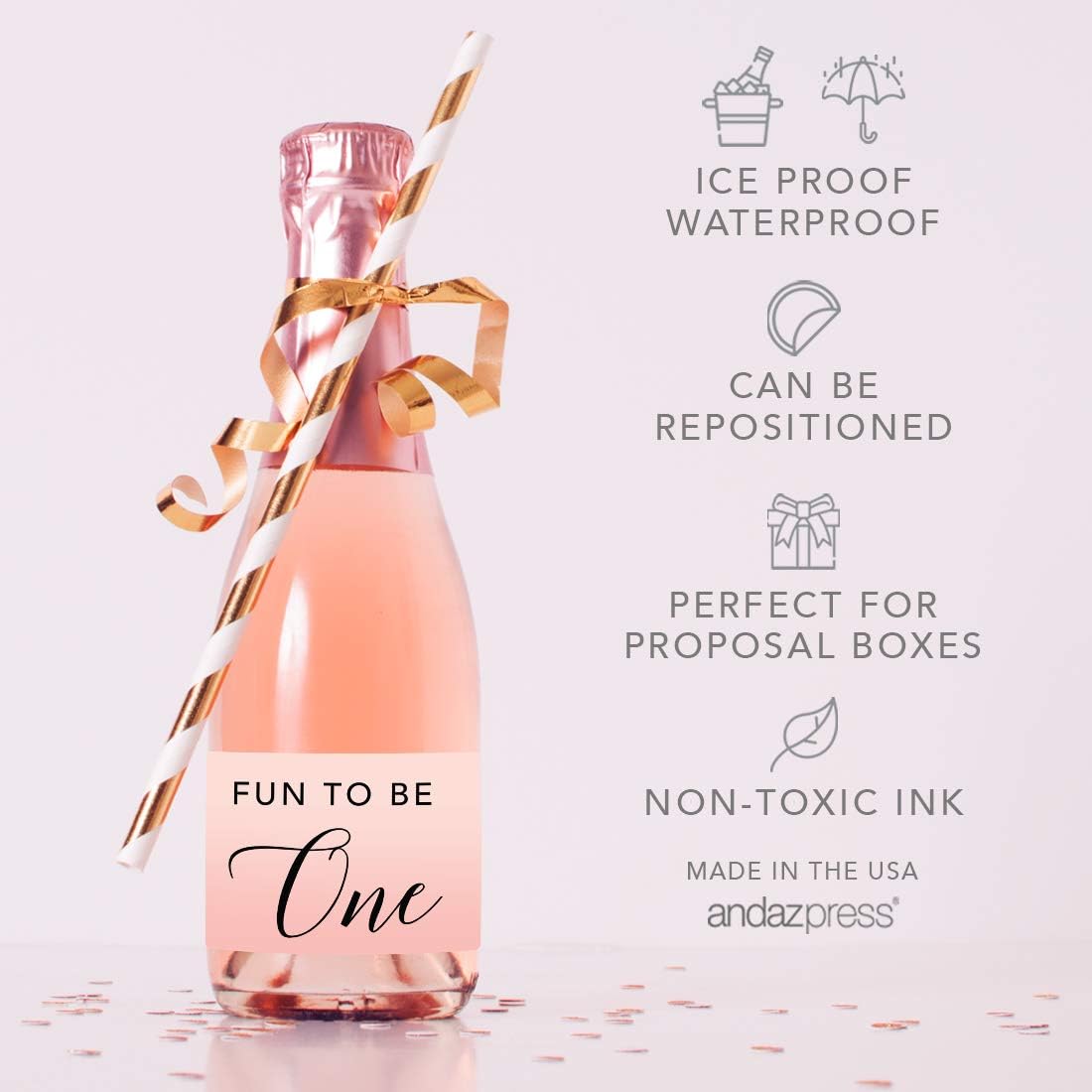 Andaz Press Blush Pink Rose Elegant Party Baby Girl's 1st Birthday Collection, Waterproof Mini Champagne Wine or Milk Bottle Labels, Fun to Be One, 20-Pack, Party Favors Decor Gift Ideas