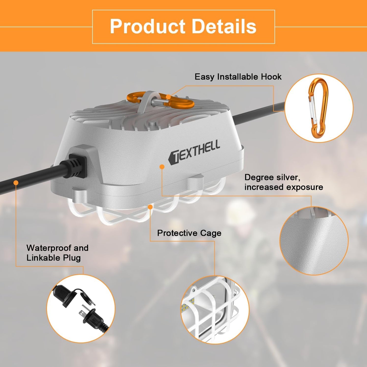 50ft LED Construction String Lights 150W Super Bright 15000LM Work Lights String Connectable Design for Workplace, Warehouse, Garage, RV, Indoor and Outdoor Weatherproof Temporary Lighting