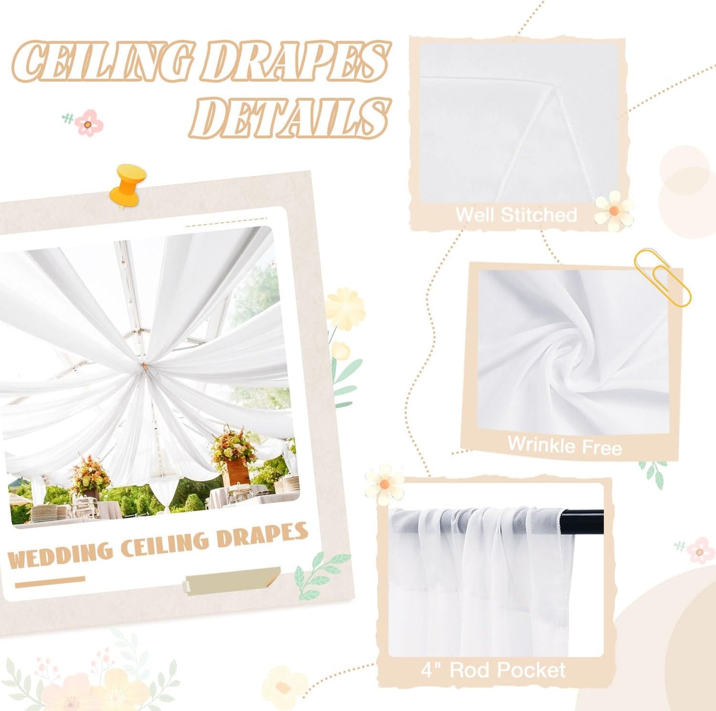 Ceiling Drapes Wedding Arch Draping Fabric White 5FTx20FT 2 Panels Arch Decorations for Ceremony Chiffon Drapery for Arbor Chiffon Backdrop Voile Sheer Curtains for Party Tent Ceiling Drape Outdoor