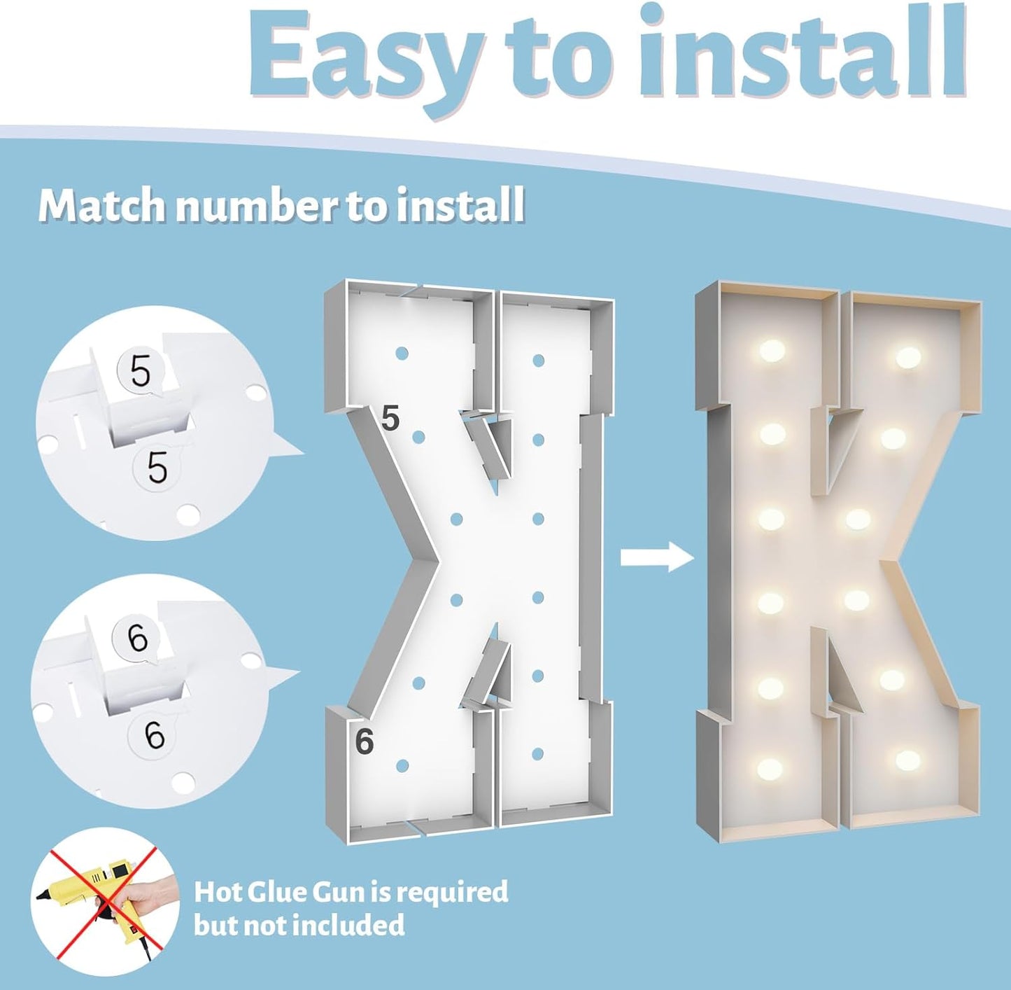 4FT Marquee Light Up Letters K,Party Decoration Large Marquee Light Up Letters with Weighted Water Bag,Pre-cut Foam Board Set Can Be Used for Birthdays,Weddings,Baby Anniversaries