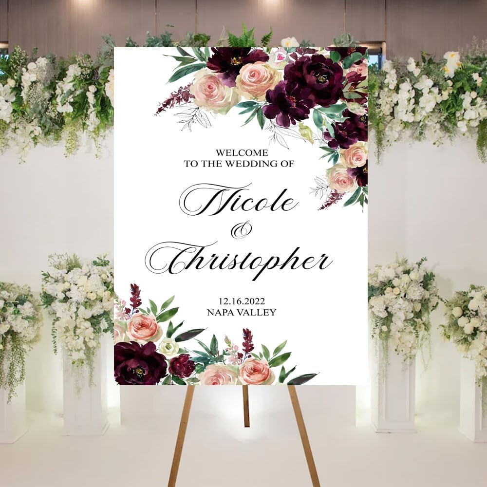 Welcome To Our Wedding Sign, Wedding Welcome Sign, Wedding Ceremony Welcome Sign, Floral Welcome Wedding Ceremony Sign, Blush Wine Flowers, Customized Wedding Welcome Sign