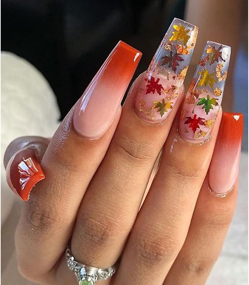 Maple Leaf Shape Glitter Fall Nail Art Sequins,3D Metallic Red God Orange Yellow Mixed Design Confetti Maple Spangles for Women DIY Manicure Kit Decorations Salon Accessories 2 Bags