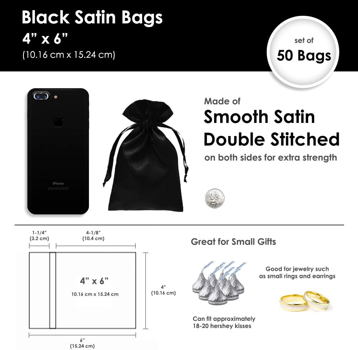 4" x 6" Black Satin Gift Bags, Jewelry Bags, Wedding Favor Drawstring, Baby Shower Christmas 50 per Pack