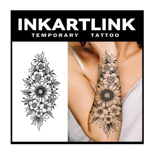 INKARTLINK Tattoo Tech, 2 Sheets Extra-Large Semi Permanent Tattoo, Adult Art Design Temporary Tattoos, Lasts 1-2 Weeks, Waterproof, Realistic Look, No Adhesive, No Reflection (Flower Design)