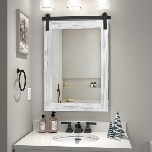COGOOD Farmhouse Bathroom Mirror - 30 x 21 Rustic Wood Framed Wall Barn Door Mirror for Entryway, Living Room, Vanity Wall Decor (White)