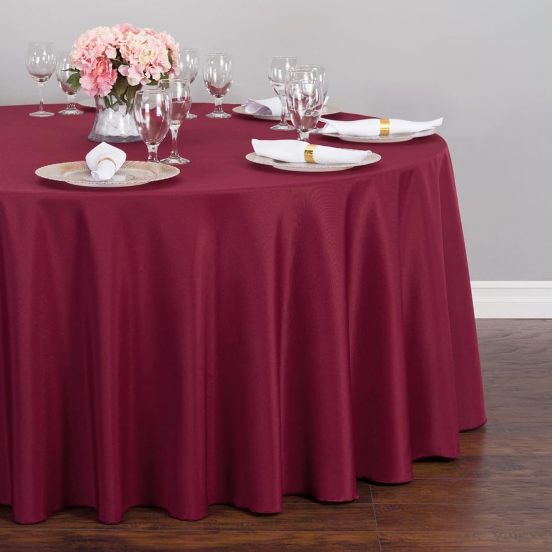 LTC LINENS 2 Pack 120 Inch Round Tablecloth Burgundy - Great for 60 Inch Round Table Floor Length - Washable, Wrinkle Resistant Polyester Fabric Cloth for Parties