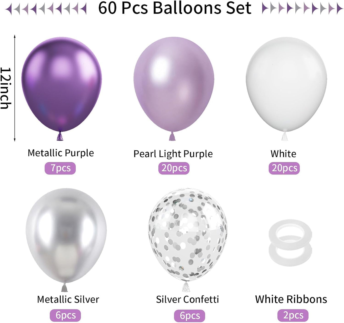 FunHot Silver and Purple Balloons, 60Pcs 12 Inch Metallic Silver Confetti and White Latex for Girls Women Birthday Wedding Baby Shower Party Decorations