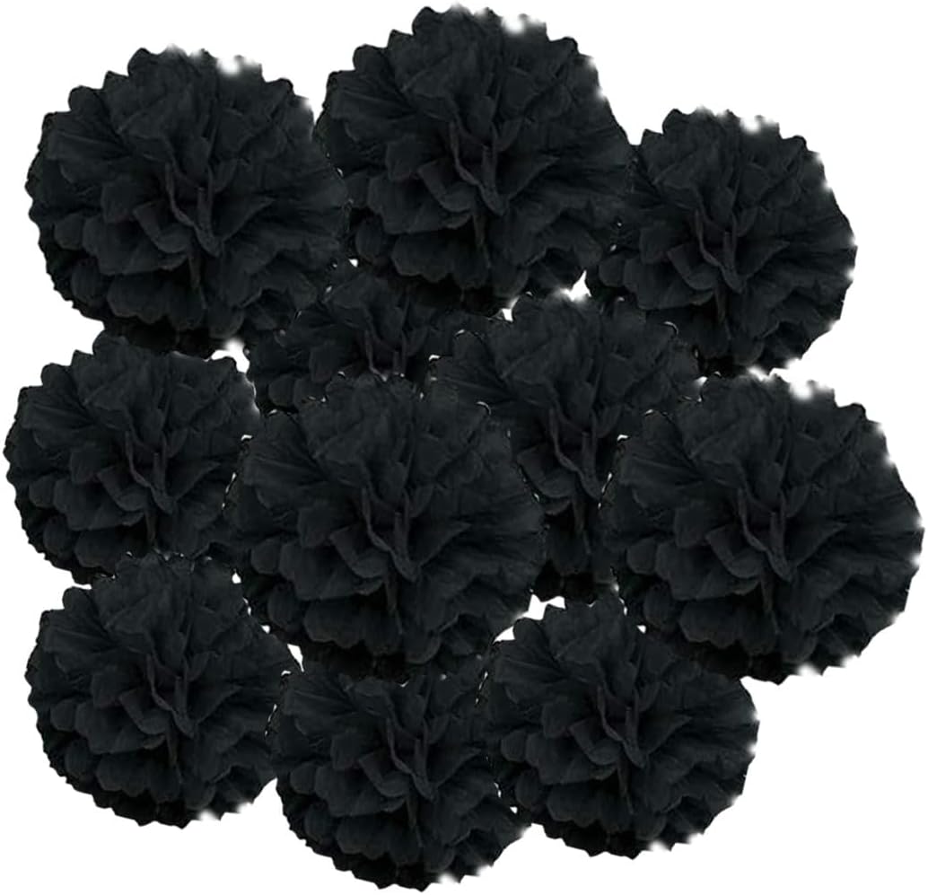 12pcs 10in & 12in Black Paper Pom Poms - Tissue Paper Flower Hanging Balls for Wedding, Party, Baby Shower & Nursery Decor