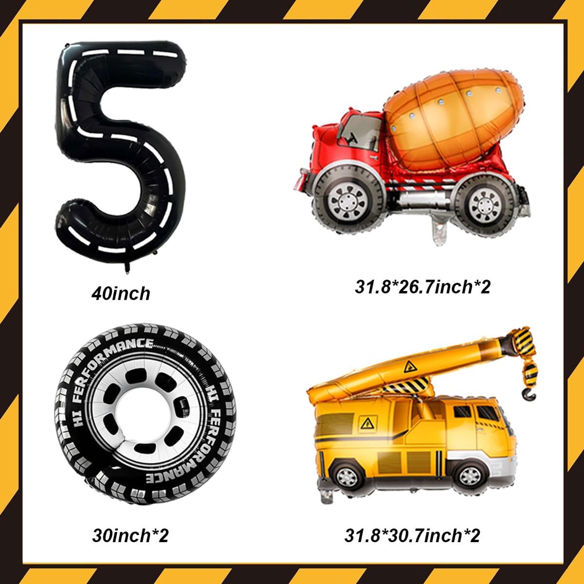 Construction Balloons 5rd Birthday Decorations for Boys 40inch Number 5 Balloons Truck Foil Balloon for Construction Birthday Party Decorations Supplies