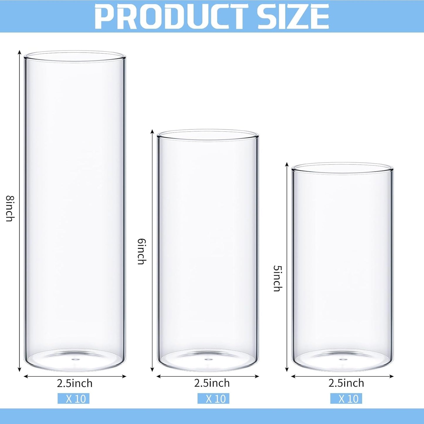 Sawysine 30 Pcs Glass Cylinder Vases 2.5''/2.95''/3.9'' Diameter Clear Flowers Vase Hurricane Floating Candles Holders for Table Centerpieces (2.5 x 5 in,2.5 x 6 in,2.5 x 8 in)