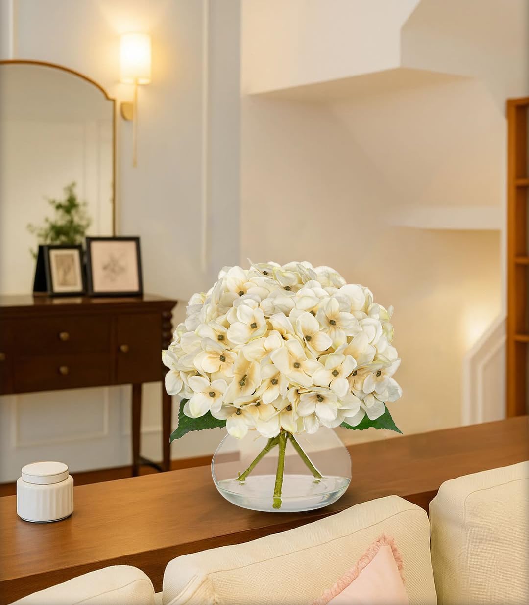 Hollyone Fall Hydrangea Artificial Flowers for Decoration with Glass Vase White Silk Fake Flower Arrangements with Faux Water Autumn Table Centerpiece Vase with Flowers Fall Decorations for Home
