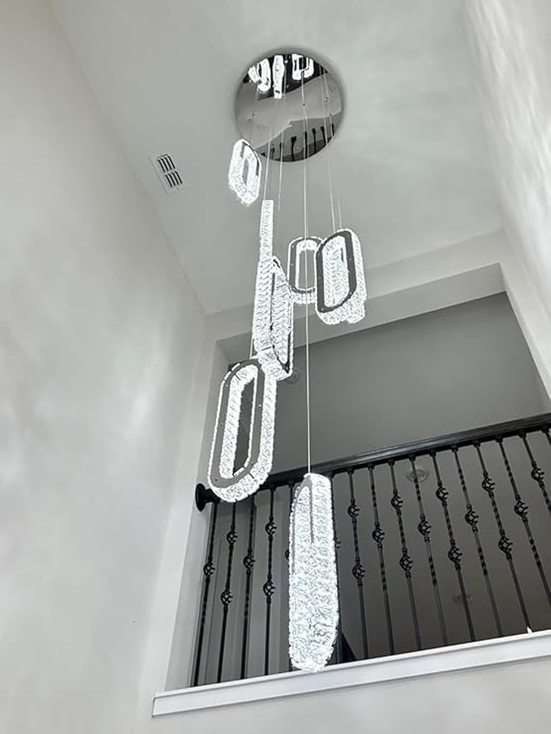 8 Rings Crystal Chandelier,H 118" Modern Silver Pendant Light Luxury Foyer Lighting Fixture High Ceiling Chandelier for Entryway,Staircase,Living Room,Villa LED Dimmable 2700K-6000K