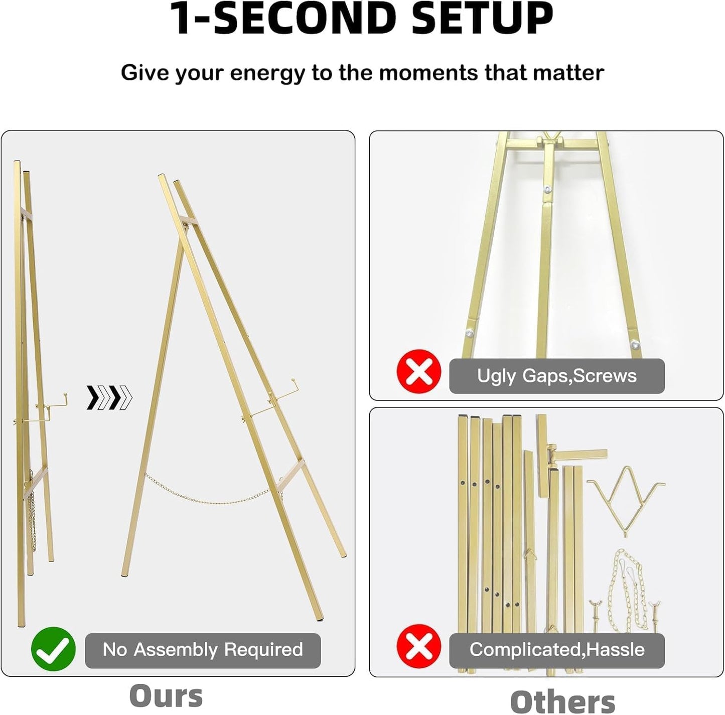 GRENTY 46.7" Gold Easel Stand for Wedding Signs ??No Assembly Needed, Heavy Duty Metal Display Stand for Art, Welcome Signs, Posters, Pictures, Paintings, and Floor Décor