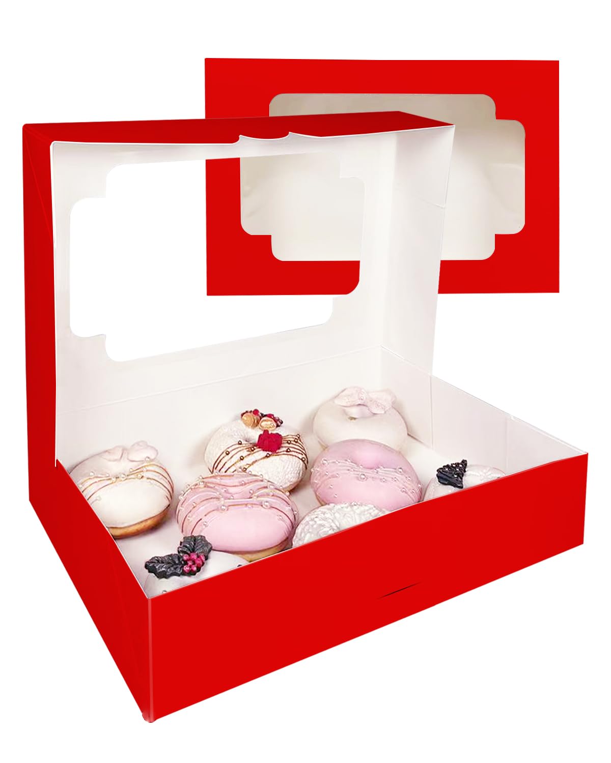 qiqee Auto-pop up Red Cookie Box with Window 12x8x2.5 inch 32 Packs Two Uses One Second Folding Pastry Biscuit Bakery Box for Packaging