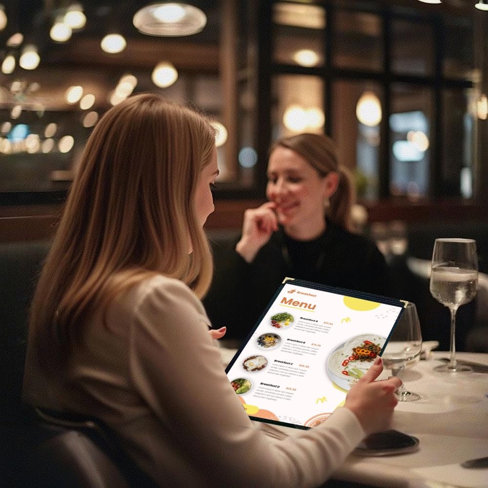 Goodsmart Restaurant Menu Covers – 25 Pack Black 2-View, Top-Loading Menu Holders, Vinyl & Plastic Café Menu Covers, Clear Menu Sleeves, Fits 5.5" x 8.5", Leather-Style Design, Gold Corners