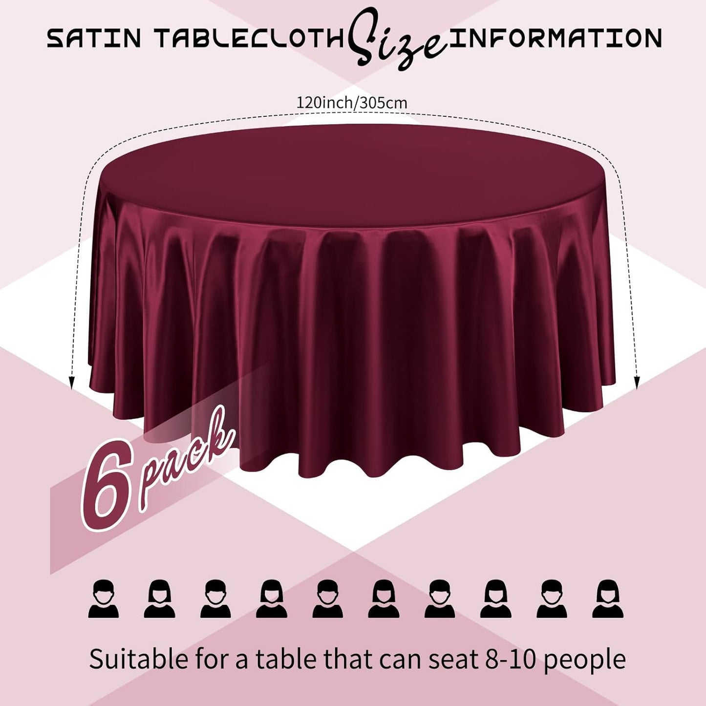 6 Packs Satin Tablecloth 120 Inch Burgundy Round Table Cloth Silk Tablecloth Smooth Fabric Overlay Satin Table Cover Decoration for Wedding Party Banquet Events
