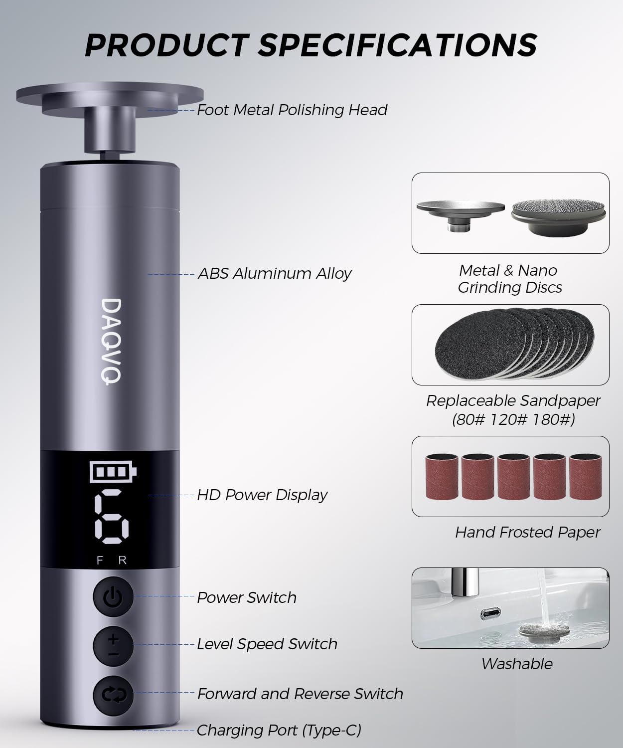 Electric Foot Callus Remover with Nano-Glass Head & 60pcs Sandpaper Discs(3 Sizes),2 in 1 Cordless Aluminum Callus Remover for Feet and Nail Care,Adjustable Speed Pedicure Tools for Dead Skin-Grey