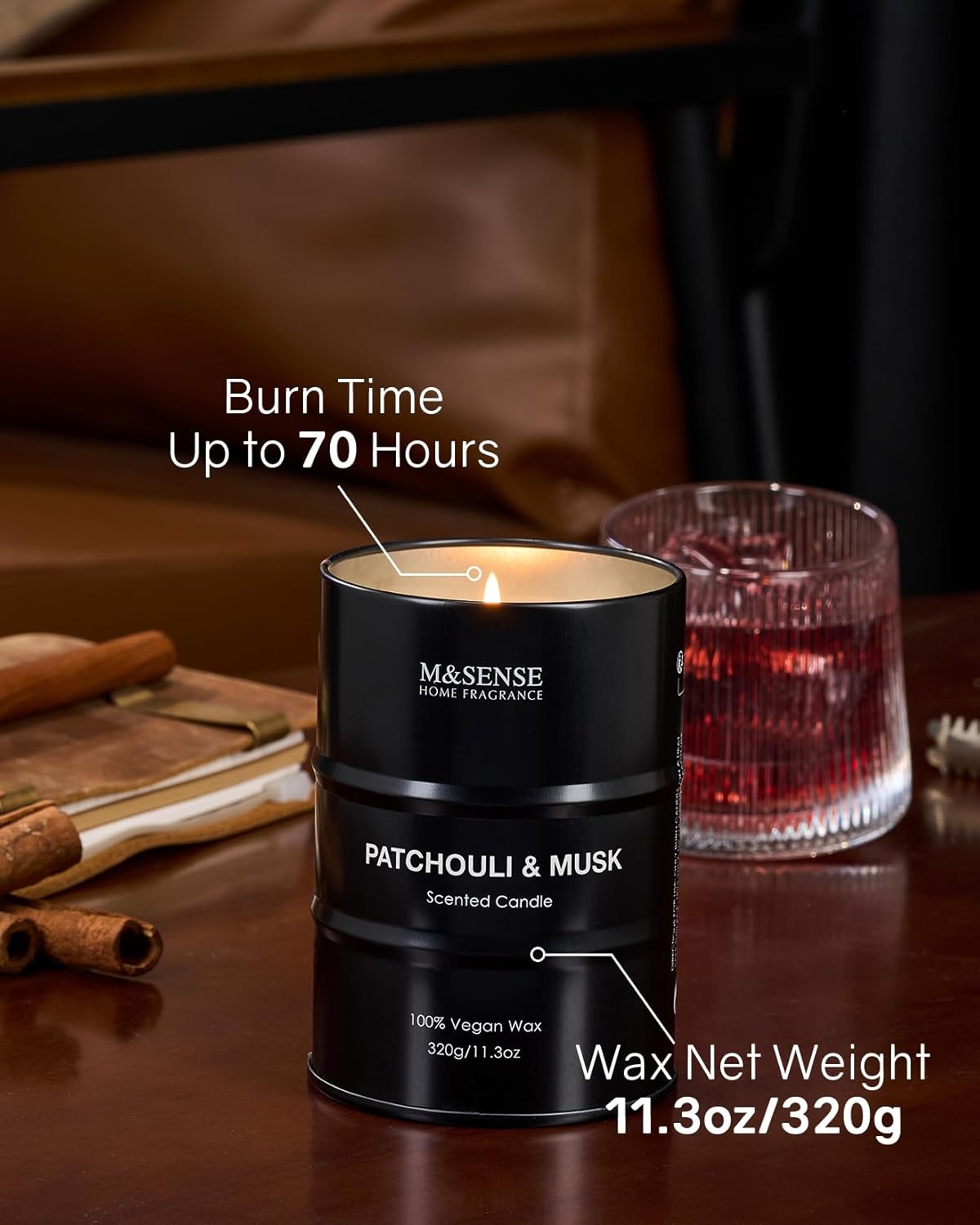 M&SENSE Patchouli Musk Scented Candle,Gifts for Men,70 Hours Slow Burning Natural Soy Candles11.3 oz