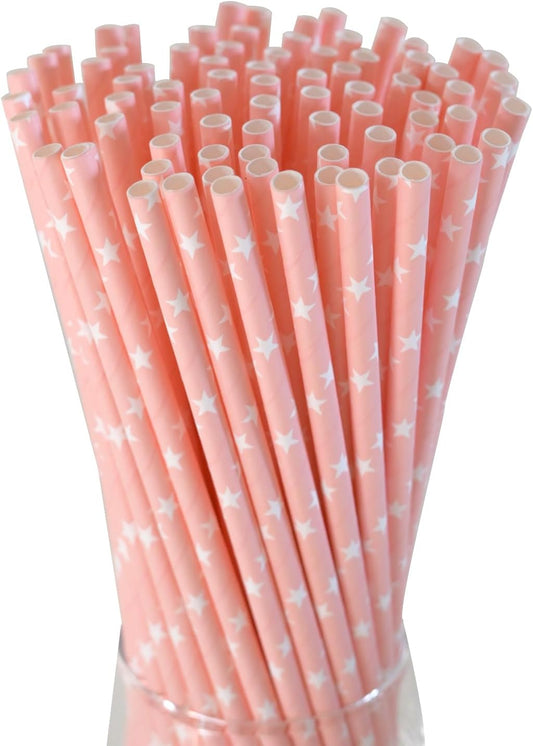 Pink Straws Disposable Biodegradable Star Paper Straws for Cocktail, Coffee, Juice, Lemonade, 100 Pack, 7.75" x 0.24"
