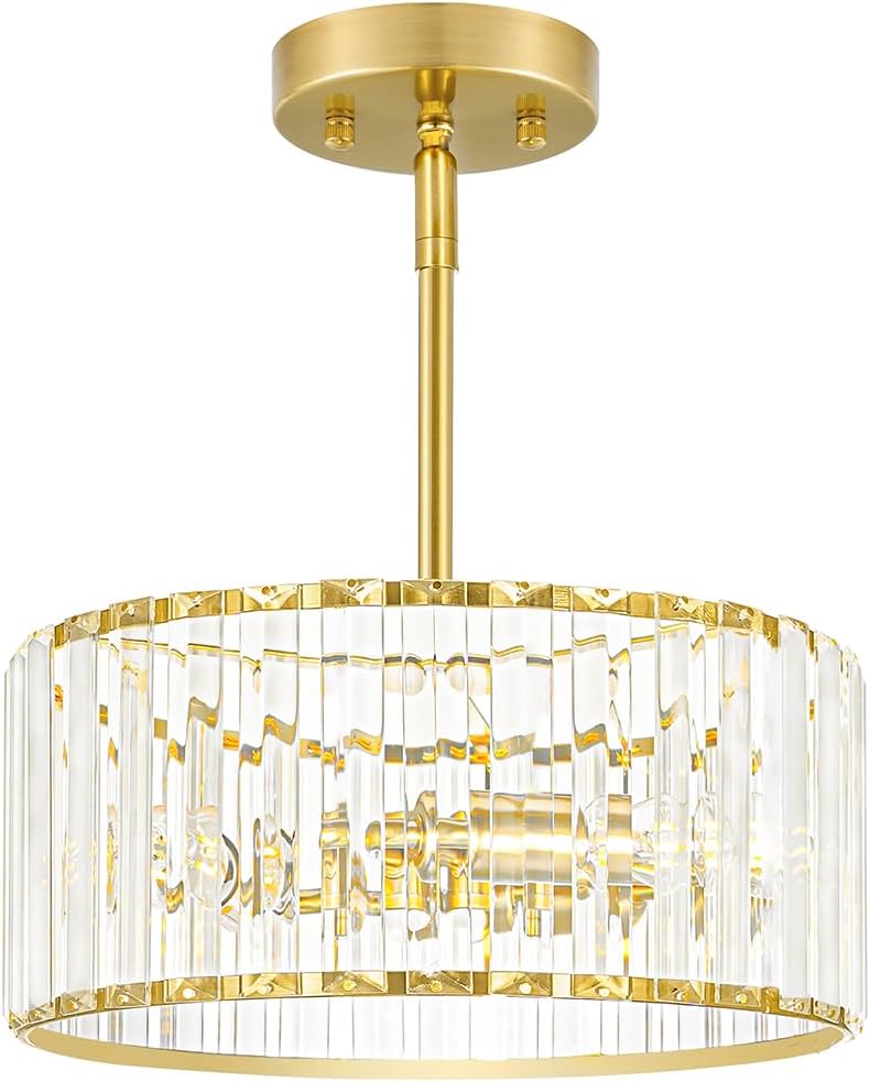Gold Crystal Chandelier for Dining Room, 3-Light Modern Semi Flush Mount Ceiling Pendant Light Fixture, Round Pendant Lights Kitchen Island, Chandelier for Living Room Bedroom Hallway Entryway, E12