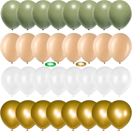 Balloons Green Gold, 60 Packs 12 Inch Retro Sage Green Gold Metallic Balloon, Olive Green White Latex Balloons for Wedding, Birthday, Baby Shower, Safari Jungle Party, Anniversary Decorations