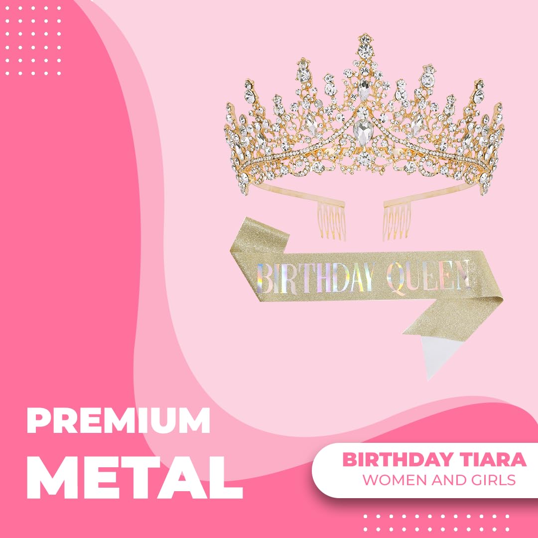 Papoopy Birthday Tiara Crown with Sash for Women, Birthday Queen for Party