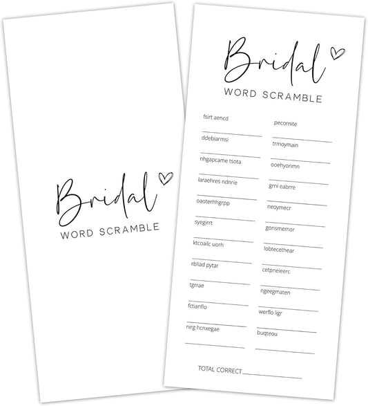 Bridal Shower Games, Word Scramble, 25Pcs 4x9inch Minimalist White Double-Sided Bridal Game Cards with 1 Answer Key, Wedding Shower Games for Guests, Engagement Bachelorette Party Supplies - A01