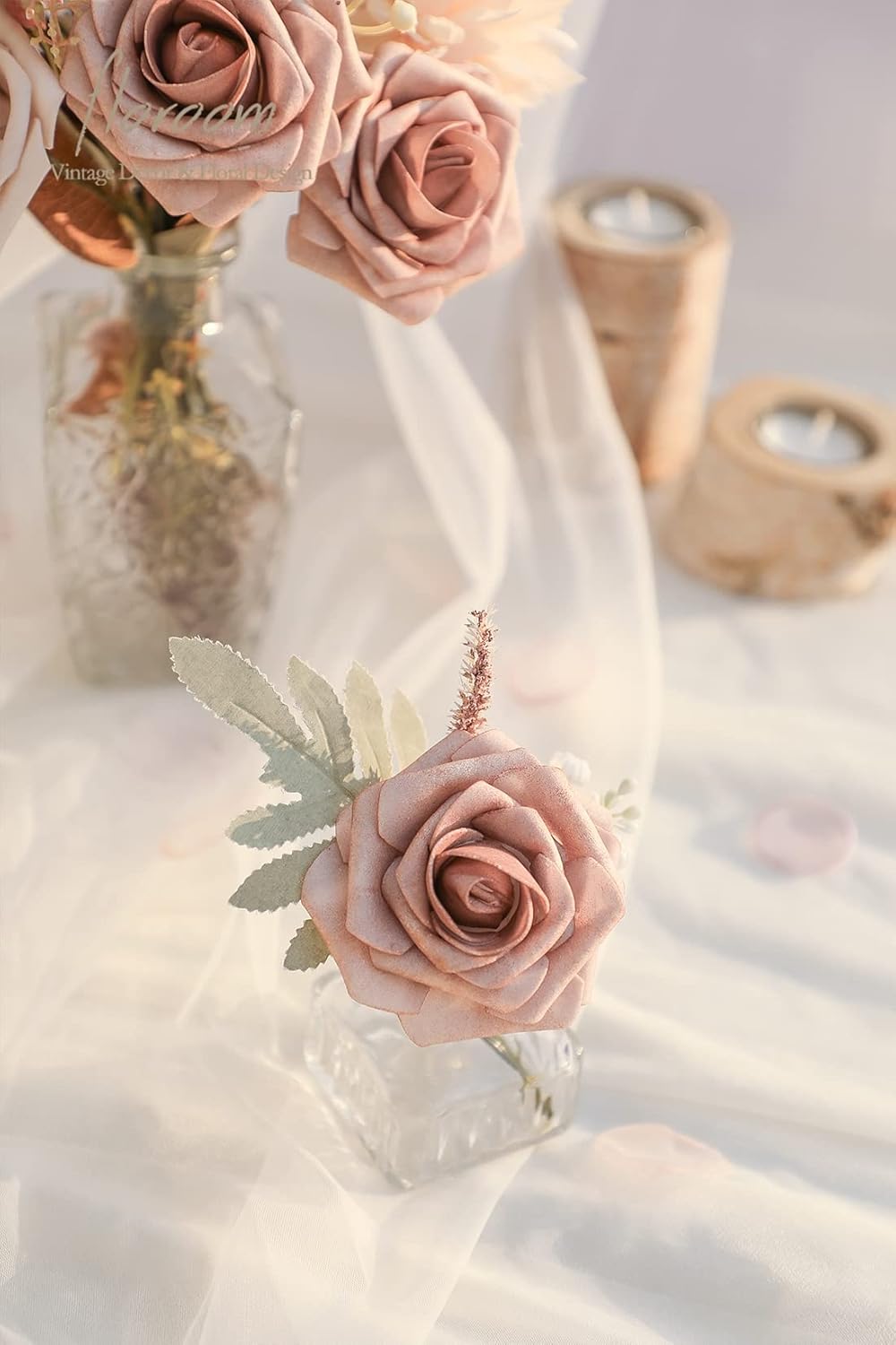 Floroom Artificial Flowers 25pcs Real Looking Warm Taupe & Nude Foam Fake Roses with Stems for DIY Wedding Bouquets Bridal Shower Centerpieces Floral Arrangements Party Tables Home Decorations