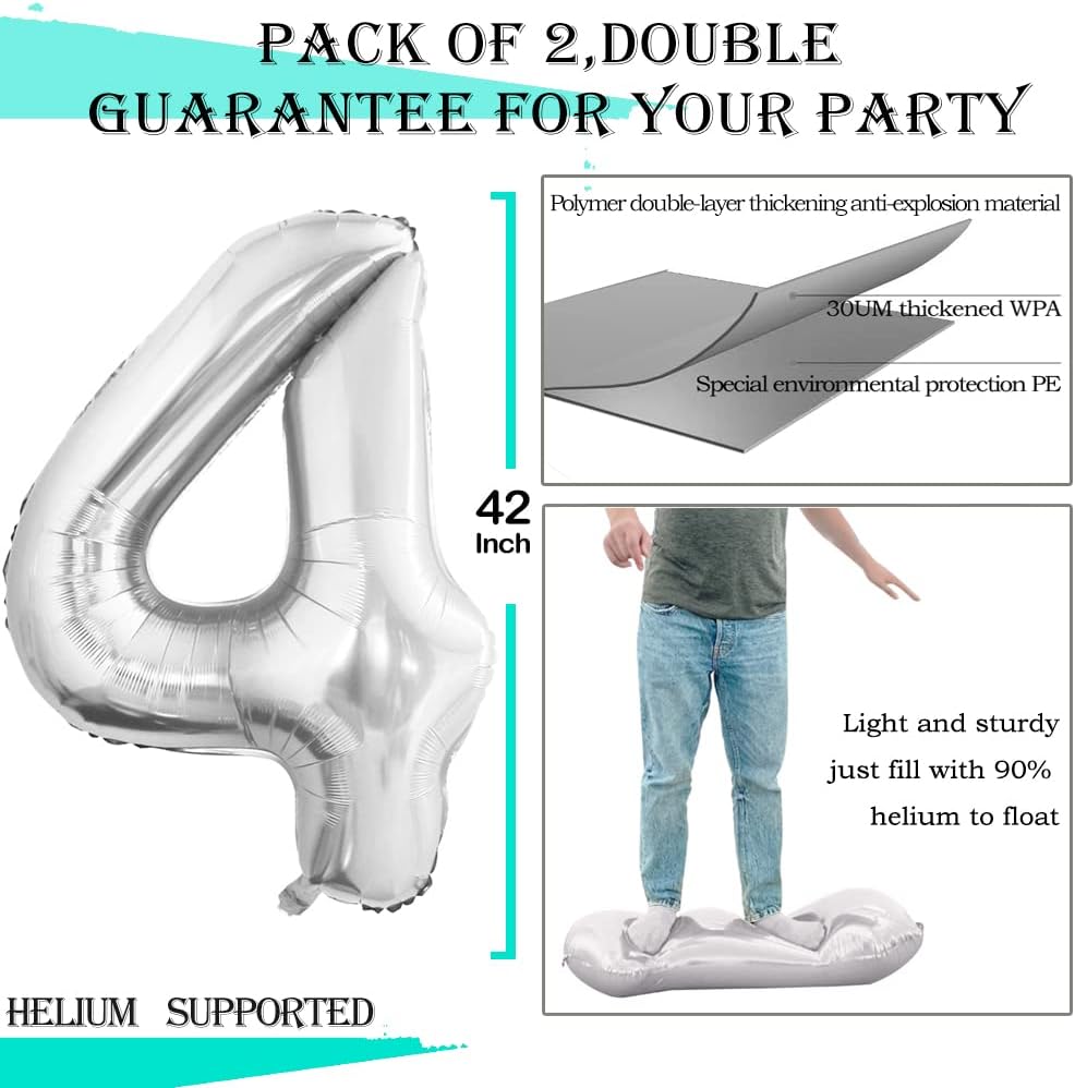 GOER Silver Foil Balloons Number 4,Huge Number Balloons for 4th Birthday Party Supplies Anniversary Decorations(3 pcs,42 inch,32 inc,16inch)