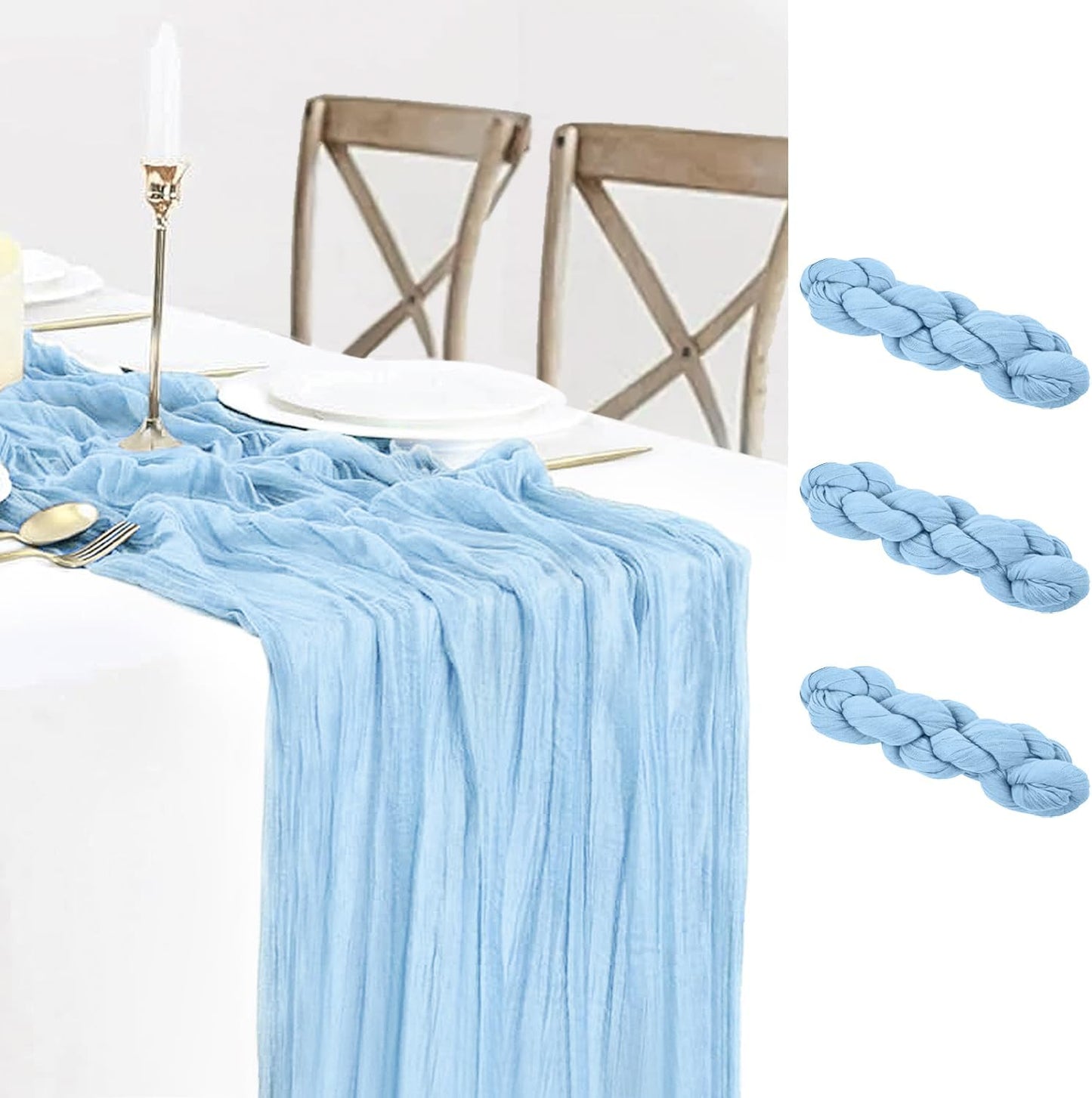 3 Pack Baby Blue Table Runner Boho Gauze Cheesecloth Table Runner 120 Inches Long Light Blue Cheese Cloth Runner for Wedding Bridal Baby Shower Birthday Party Easter Decor
