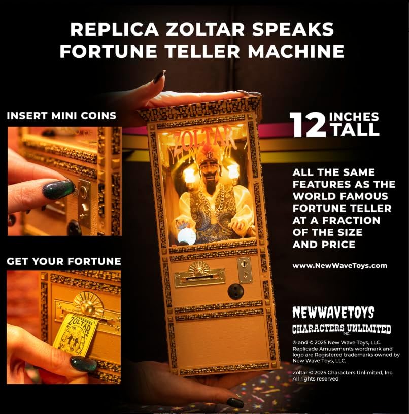 New Wave Toys Zoltar Speaks Mini Replica Fortune Teller Machine, Fully Animated 1/6 Scale with Card Dispenser, USB-C Rechargable