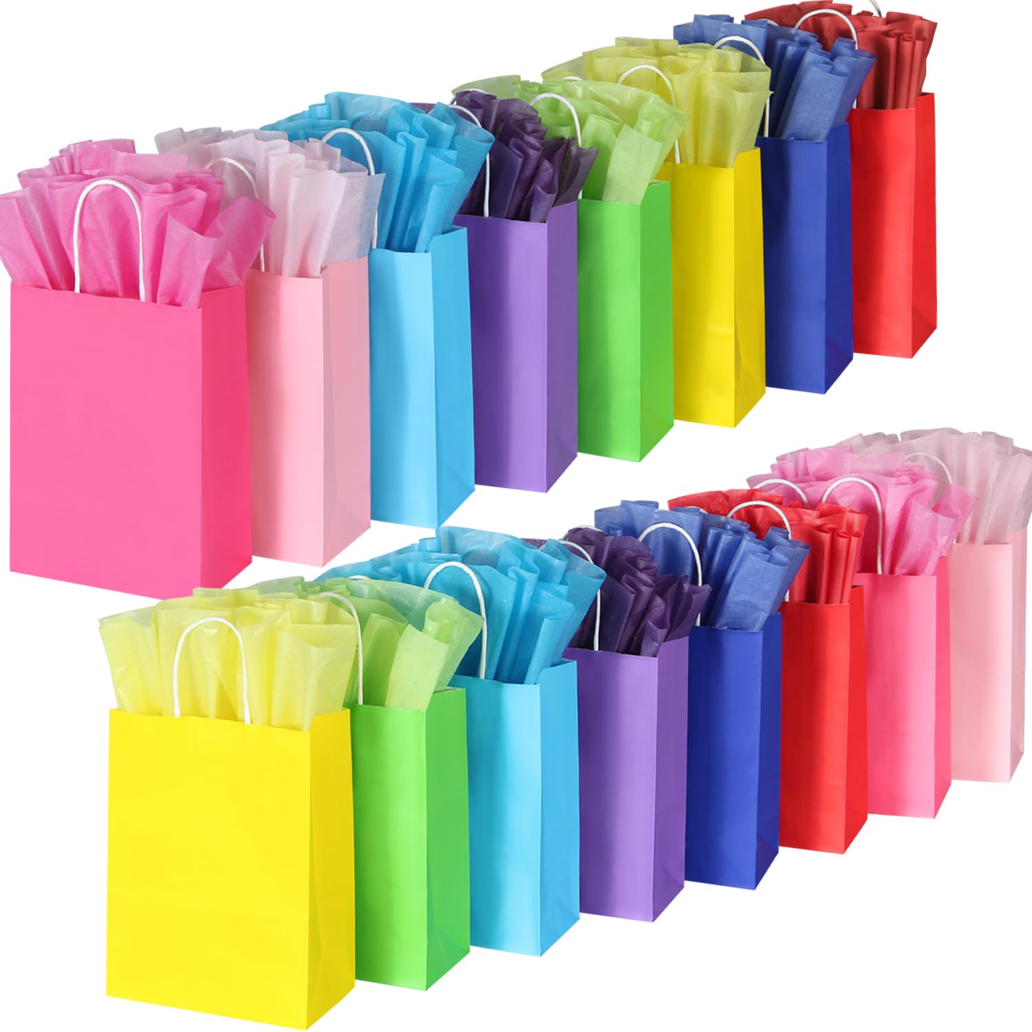 BLEWINDZ 32 Pieces Gift Bags with 32 Tissues, 8 Colors Party Favor Bags with Handles, Rainbow Gift