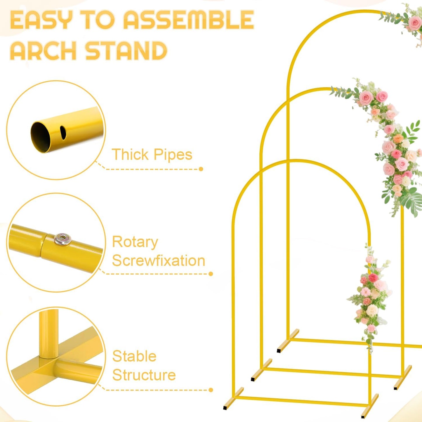 Party Arch Backdrop Stand and Cover Set of 3 (6FT, 5FT, 4FT) Metal Arch Frame Balloon Party Backdrop Arches Stand with Beige Arched Covers Stretchy Backdrops for Baby Shower Birthday Ceremony Decor