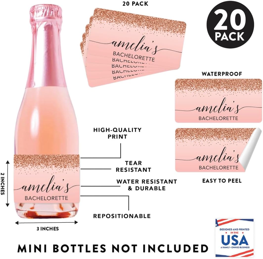 Andaz Press Personalized Bachelorette Mini Wine Labels, Blush Pink Faux Rose Gold Glitter Elegant 20-Pack Custom Mini Champagne Bottle Labels