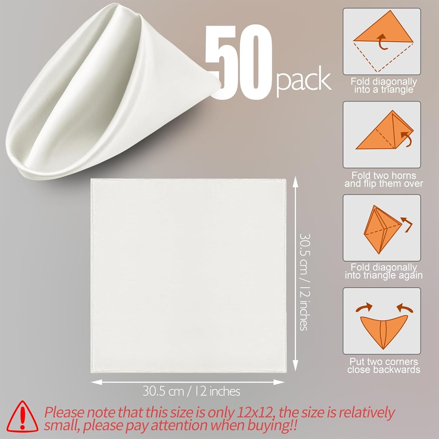 Manyshofu 50 Pieces Ivory White Satin Napkins - 12x12 Inches Cloth Napkins, Square Satin Fabric Napkin Set - Elegant & Reusable Table Napkins for Wedding Dinner Party Lunch Banquet Decoration