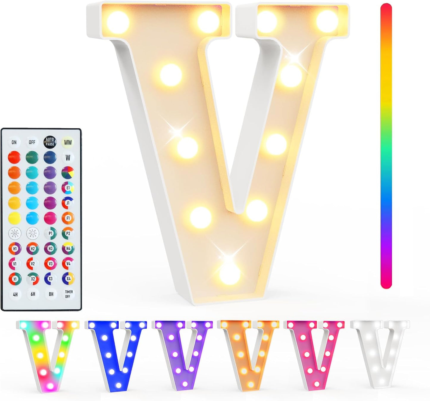 Pooqla Colorful Light Up Letters with Remote, Upgraded 35 Colors LED Marquee Letters, RGB Lighted Letter for Girls Teenager Gift, Birthday, Party, Wedding, Night Light, Room, Bedroom Decor, Letter V
