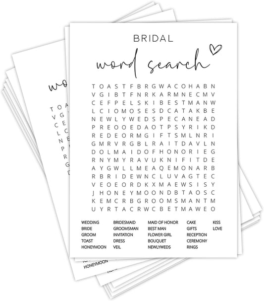 Bridal Shower Games, Word Search, 25Pcs Minimalist White Double-Sided Bridal Game Cards with 1 Answer Key, Wedding Shower Games for Guests, Engagement Bachelorette Party Supplies - A05