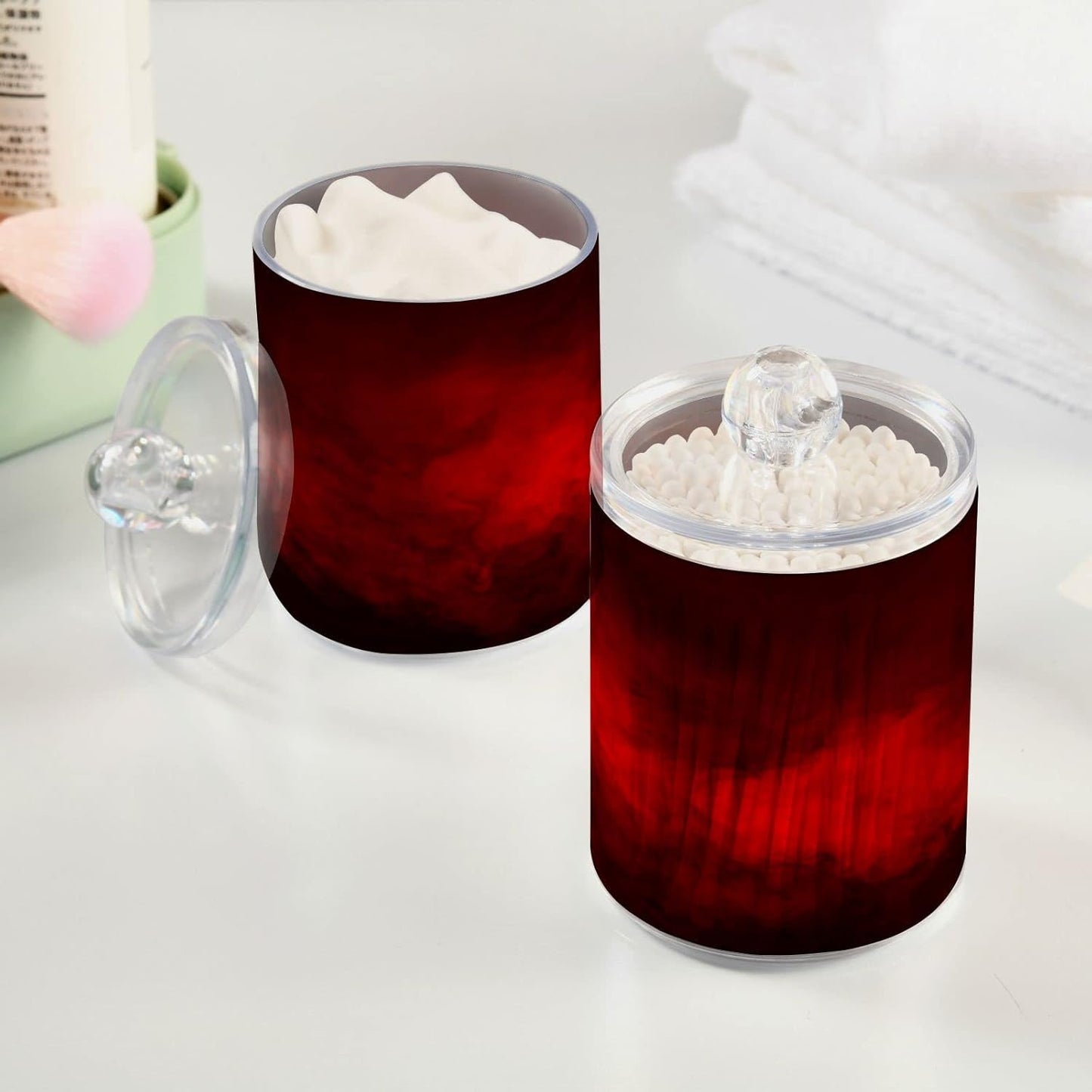 Gredecor 4 Pack Qtip Holder Clear Red Apothecary Jars with Lids Plastic Acrylic Bathroom Jars Vanity Countertop Canister Storage Organizer for Cotton Ball,Swabs,Pads,Floss