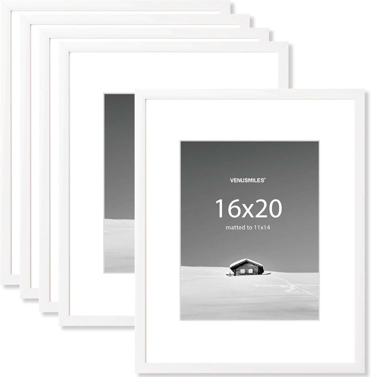 16x20 inch Picture Frame, 16x20 Photo Frames with 11x14 Removable Mat - High Definition Plexiglass - Vertical and Horizontal Display - Wall Hanging Frame - White, 5 Pack