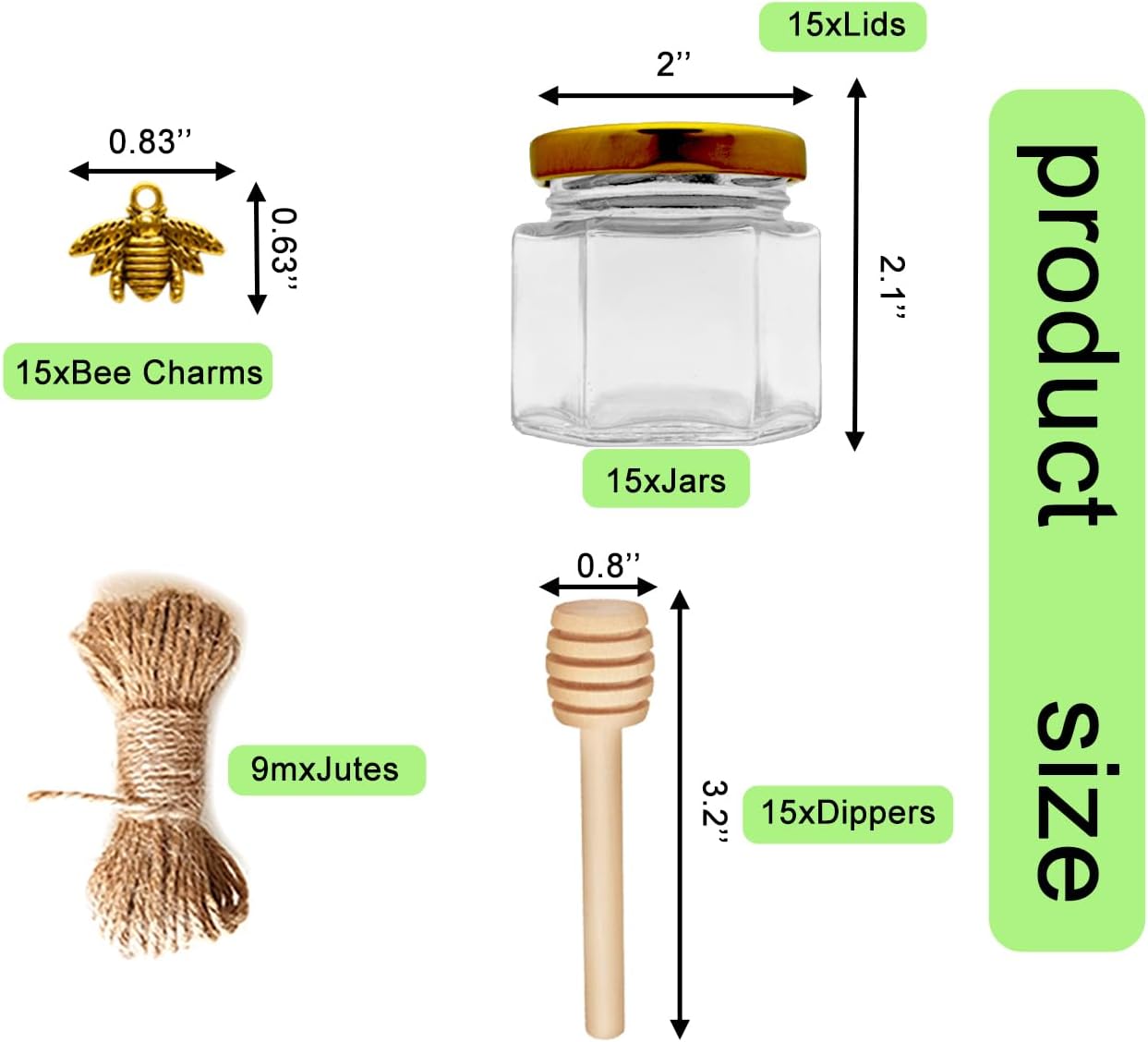 Adabocute Honey Pot 2oz, Mini Glass Honey Jars with Wood Dipper, Gold Lid, Bee Pendants, Beige Gift Bags, Thank-you Tags, Ideal for Baby Showers Favors Wedding Favors, 15 Pack