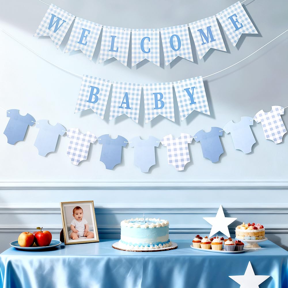 Baby Boy Baby Shower Banner, 2 PCS Pre-strung Blue Gingham Welcome Baby and Body Cloth Banner for
