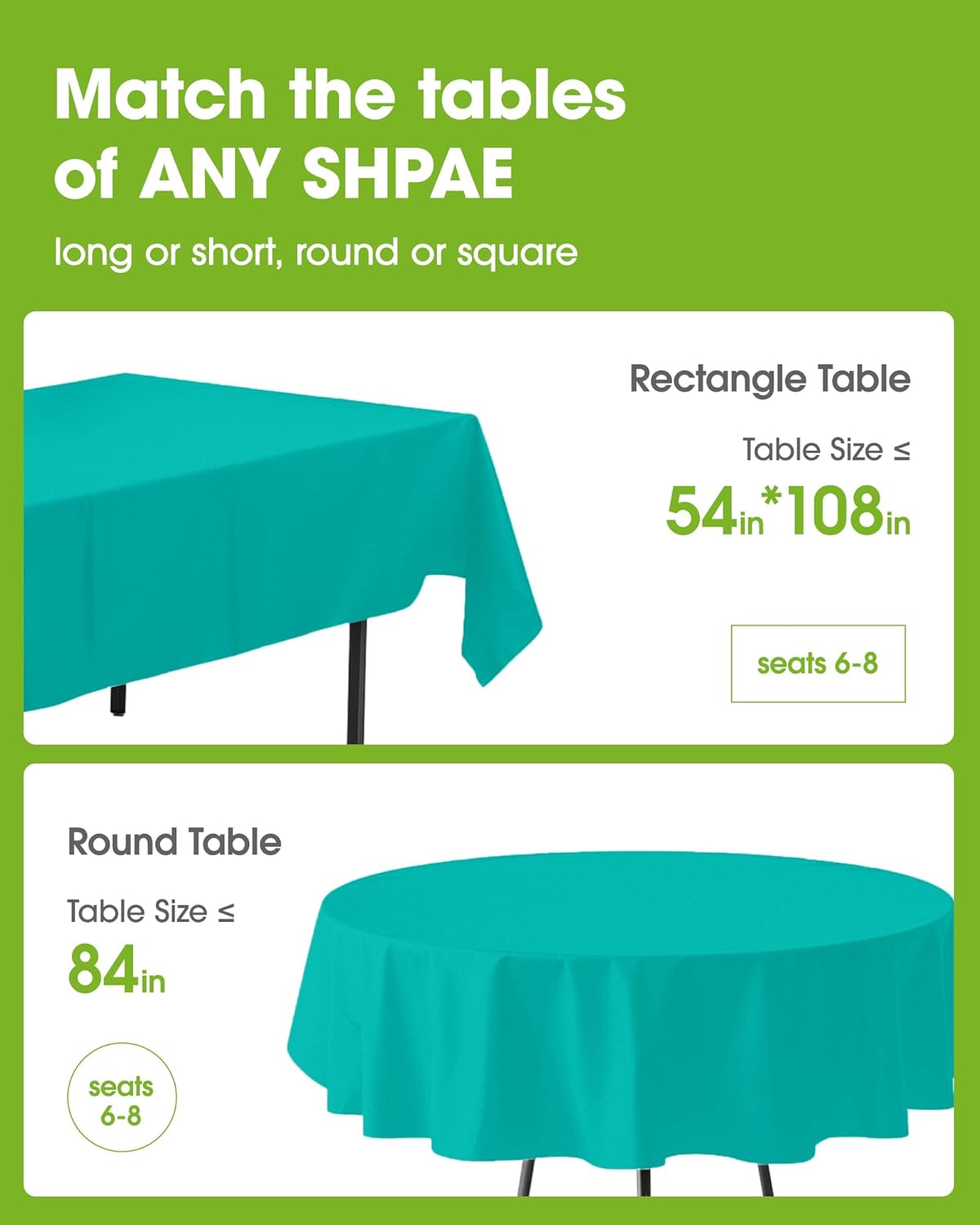 Pureegg Plastic Table Cloth Disposable 10 Pack, 54 x 108 Inch Table Cloths, Easter Party, Summer, Decorative Tablecloths, Rectangle, Turquoise Plastic Cover, Leakproof & Sturdy, Teal