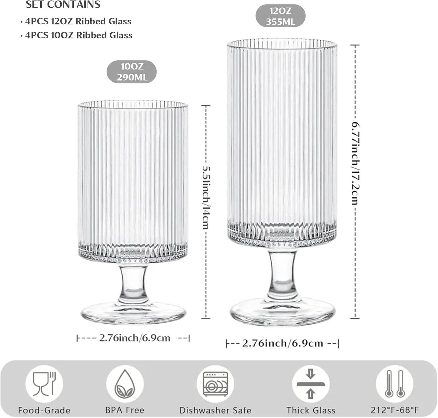 INSETLAN Set of 8 Ribbed Glass Goblets–4 Goblets Glassware 12oz, 4 Short Stem Wine Glasses 10oz, Vertical Stripe Stemmed Glassware, Ideal for Juice, Water, Iced Coffee, Whiskey, Mixed Drinkware