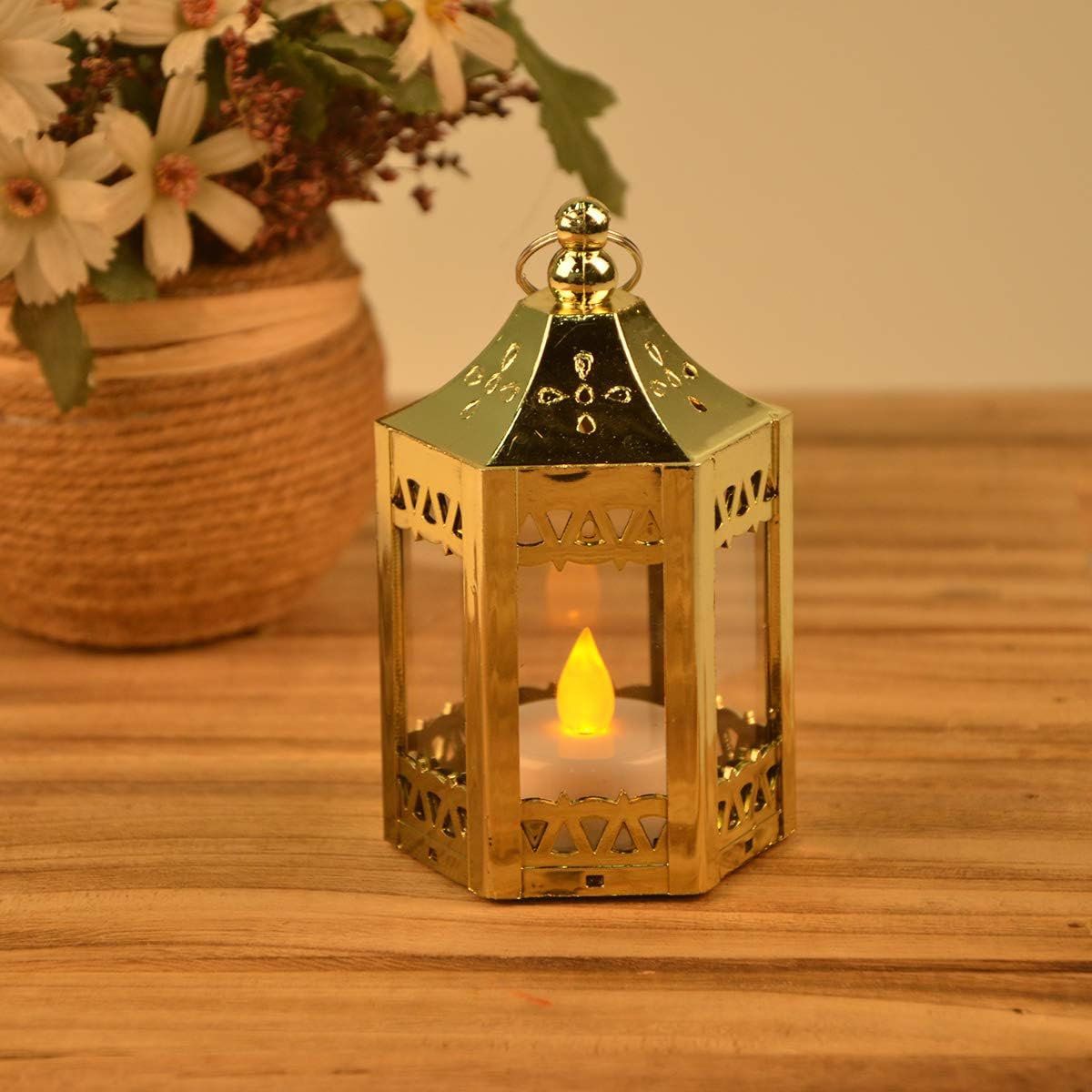 zkee Mini Star Lanterns with Flickering LED, Battery Included, Decorative Hanging Lanterns for Christmas and Indoor Use (Set of 8, Golden)