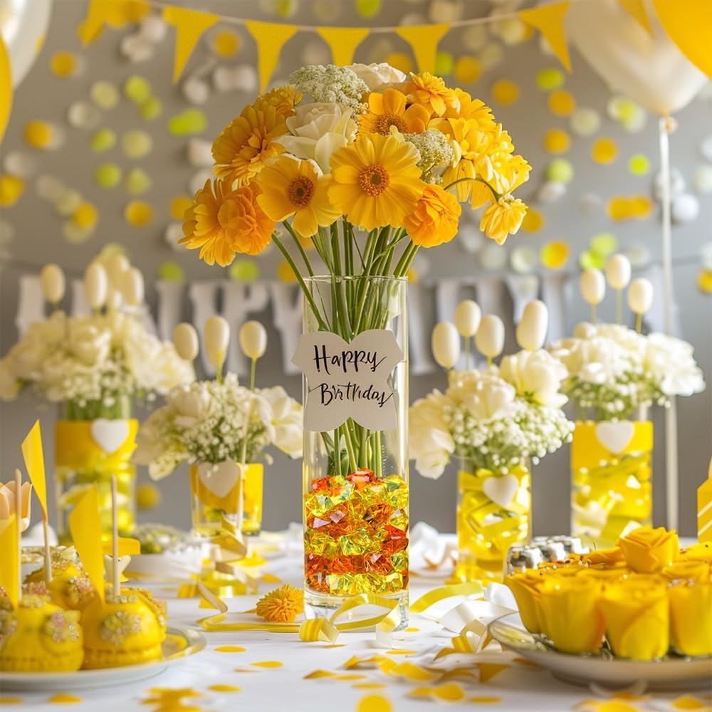 HappyFiller Fall Decor Fake Ice Rocks Cubes Acrylic Gems Stones for Vase Fillers,Kitchen Dinning Room Table Scatters,Crafts,Home Centerpieces,Candle Holder,Mix Yellow Amber Orange,14 OZ