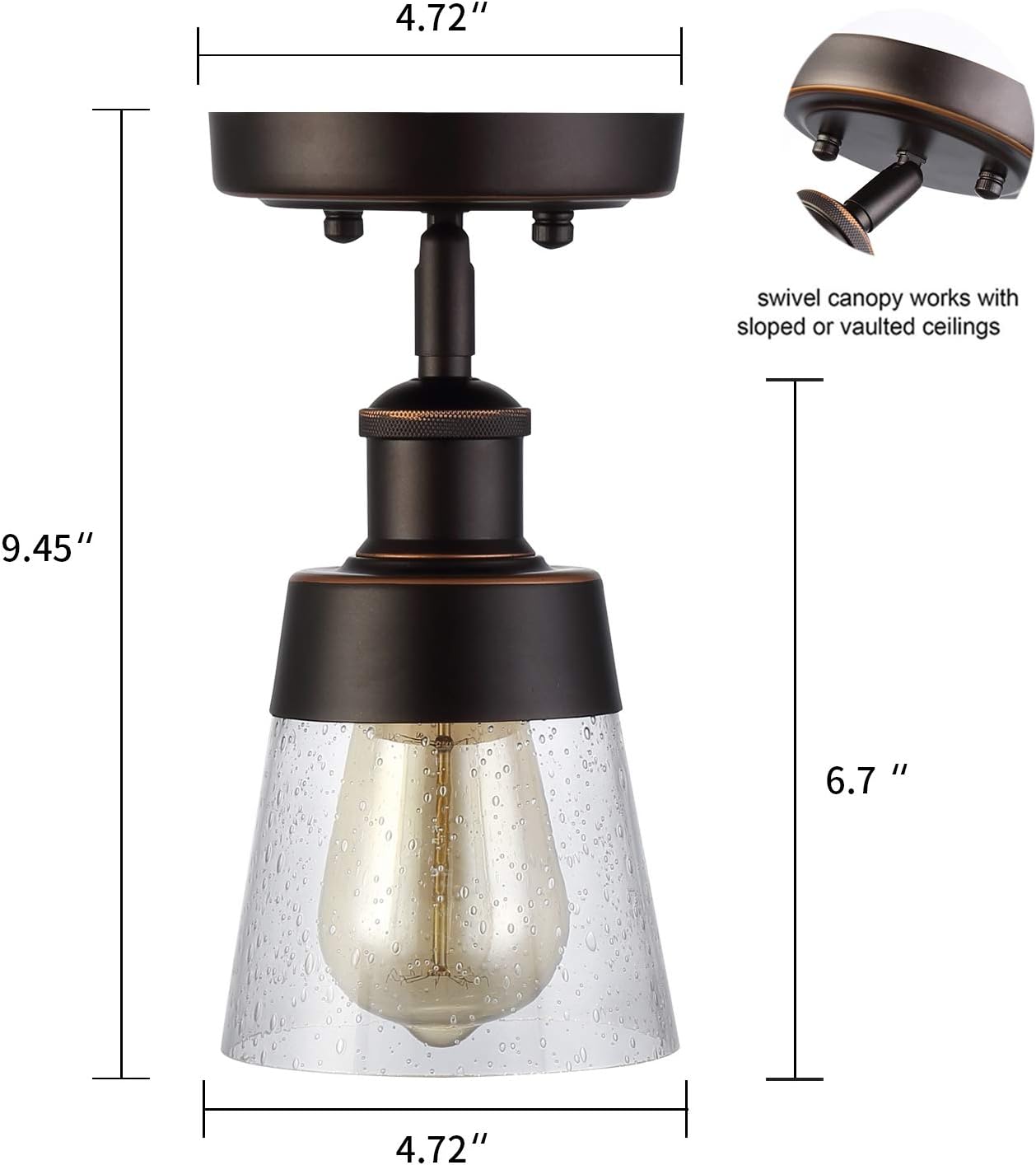 Rustic Glass Flush Mount Light Fixture Mini Clear Seeded Glass Shade Semi Flush Mount Ceiling Light for Hallway Farmhouse Kitchen Entryway, Oil Rubbed Bronze