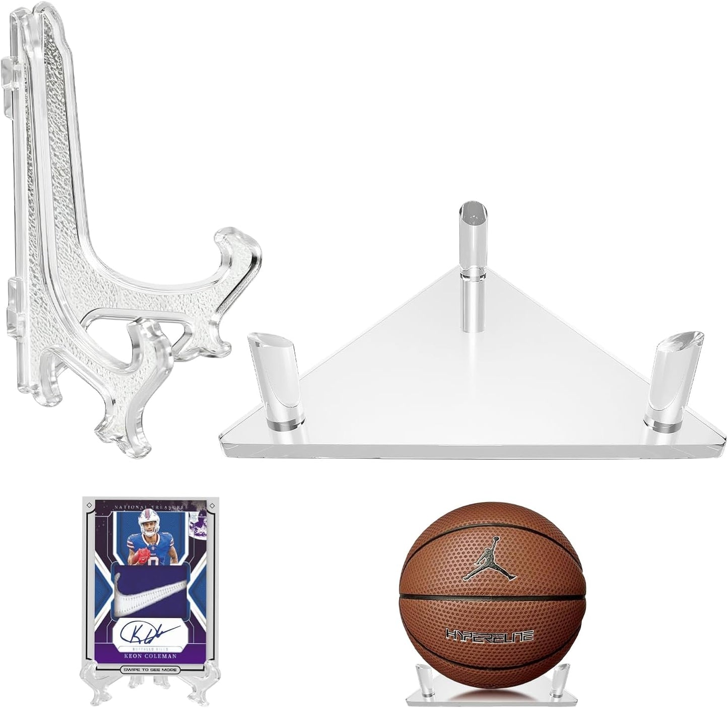Ball Display Stand with Card Display Stand, Transparent Acrylic Sleek Holder for Different Size Basketball, Soccer Ball, Football, Small Easel Holder Stand for Trading Card Holder-2 Packs