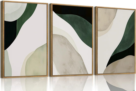 myusuar 3 Piece Large Modern Abstract Canvas Framed Wall Art For Living Room, Green Black White Minimalist Wall Art Decor Posters Prints For Bedroom Office 12x16in